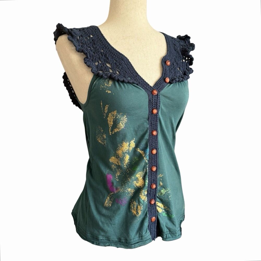 Free People True Y2K Boho Top XS Crochet Trim Funky Cottagecore Festival Hippie